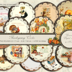 THANKSGIVING CIRCLES, collage sheet 2,5 / 3 inch circles, Printable Thanksgiving digital toppers cupcake