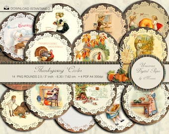 THANKSGIVING CIRCLES, Thanksgiving Round versierd met vintage afbeeldingen van de Pilgrim Fathers
