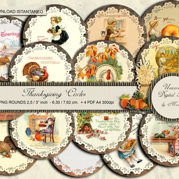 THANKSGIVING CIRCLES, collage sheet 2,5 / 3 inch circles, Printable Thanksgiving digital toppers cupcake