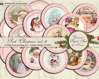 Pink Christmas rounds, 15 printable Circles 2,5 / 3 inch, journaling, Scrapbook, round collage sheet, bottle cap images