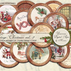VINTAGE CHRISTMAS, Tag tonde stampabili fronte e retro, 3 inch circles, ephemera Christmas