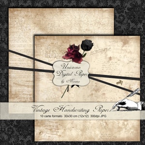 May include: A set of 10 digital papers featuring vintage handwriting on a cream background with black and red roses. The papers are 12 inches by 12 inches and 300 dpi. The text on the image reads "Unicorno Digital Paper by Morena Vintage Handwriting Paper 10 carte formato 30x30 cm (12x12) 300dpi JPG".