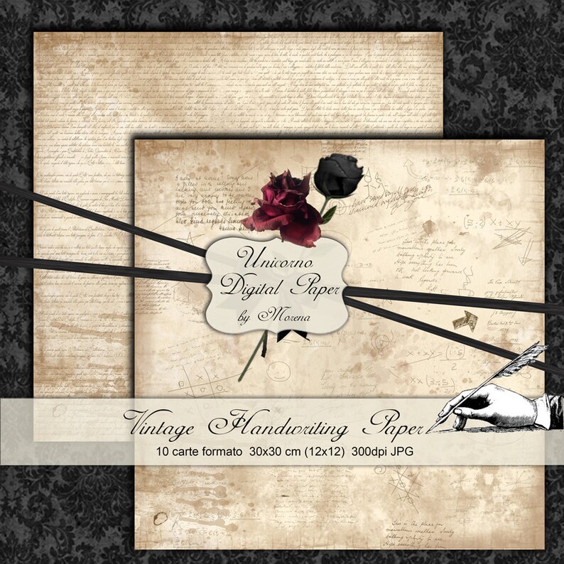 May include: A set of 10 digital papers featuring vintage handwriting on a cream background with black and red roses. The papers are 12 inches by 12 inches and 300 dpi. The text on the image reads "Unicorno Digital Paper by Morena Vintage Handwriting Paper 10 carte formato 30x30 cm (12x12) 300dpi JPG".