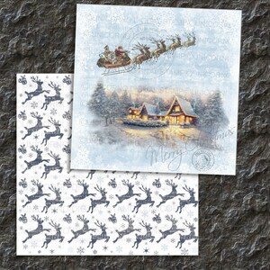 May include: A digital paper pack with two designs. The first design features a winter scene with a house, trees, and a snowy background. The second design features a repeating pattern of reindeer silhouettes on a white background. The text "Merry Christmas" is visible in the top design.