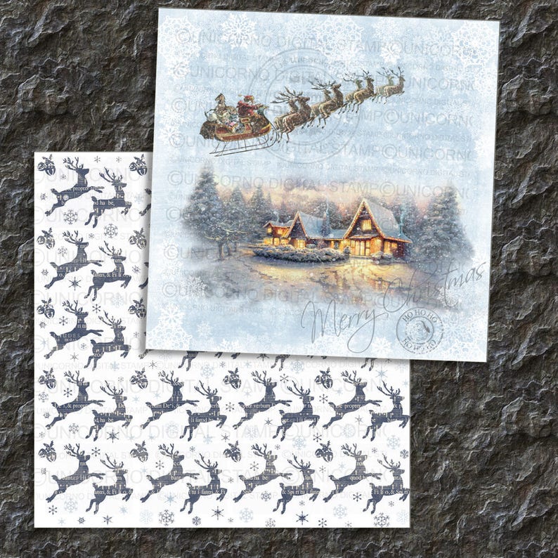 May include: A digital paper pack with two designs. The first design features a winter scene with a house, trees, and a snowy background. The second design features a repeating pattern of reindeer silhouettes on a white background. The text "Merry Christmas" is visible in the top design.