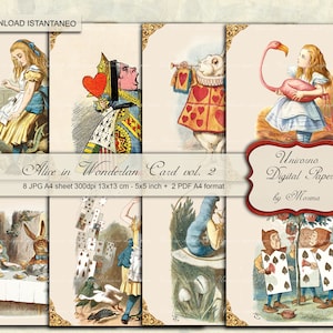 Ensemble de 8 cartes postales thème Alice au pays des merveilles, numérique et imprimable