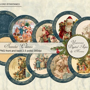 Santa Claus, Tag tonde stampabili fronte e retro, decorate su fondo avorio e blu dorato