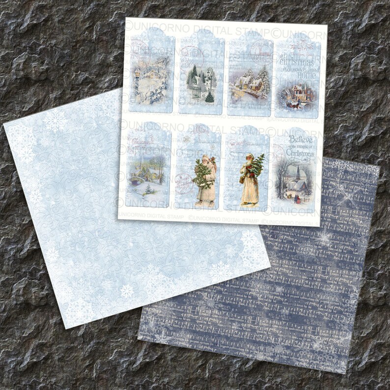 May include: A set of eight vintage-style Christmas gift tags with blue and white designs. The tags feature images of winter scenes, including a church, a house, and a woman carrying a Christmas tree. The text on the tags includes "Believe in the magic of Christmas" and "A Christmas Home".
