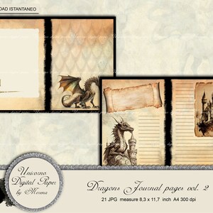 May include: A set of 21 printable journal pages featuring dragons, castles, and parchment paper. The pages are designed for use in a journal or scrapbook and measure 8.3 x 11.7 inches.