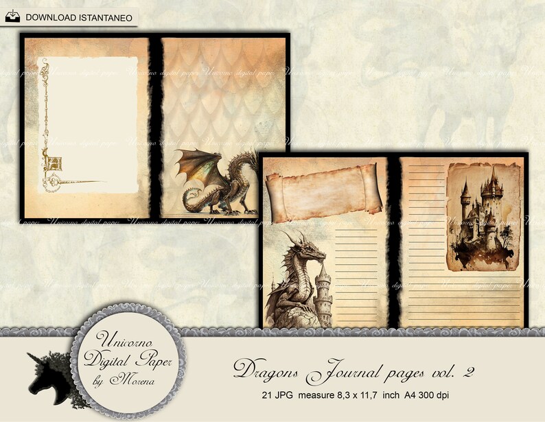 May include: A set of 21 printable journal pages featuring dragons, castles, and parchment paper. The pages are designed for use in a journal or scrapbook and measure 8.3 x 11.7 inches.