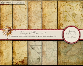 VINTAGE WORLD MAPS, Journaling, nautical paper,  digital paper, scrapbook grunge maps