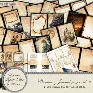 Può includere: Un set di 21 design di carta digitale con draghi, castelli e trame di pergamena vintage. Le carte sono perfette per lo scrapbooking, la creazione di biglietti e altri progetti di artigianato. Le carte misurano 21 x 29,7 cm e 300 dpi.
