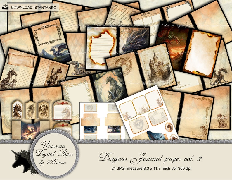 May include: A set of 21 digital paper designs featuring dragons, castles, and vintage parchment textures. The papers are perfect for scrapbooking, card making, and other crafting projects. The papers are 8.3 x 11.7 inches and 300 dpi.