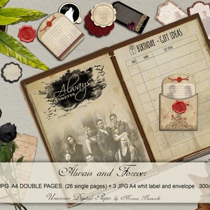 May include: A digital paper pack with 14 double-page designs featuring a vintage aesthetic. The pages are decorated with a variety of elements, including roses, a plant, a book, and a handwritten note. The text "Always Forever" is featured on the cover of the book. The pack also includes 3 white labels and envelopes.