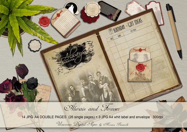 May include: A digital paper pack with 14 double-page designs featuring a vintage aesthetic. The pages are decorated with a variety of elements, including roses, a plant, a book, and a handwritten note. The text "Always Forever" is featured on the cover of the book. The pack also includes 3 white labels and envelopes.