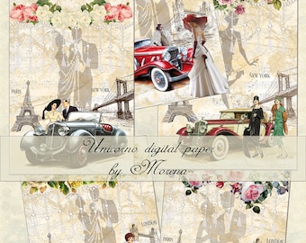1930s FASHION PAPERS, vintage cars, Charleston, digital paper, Craft, scrapbook paper,  background, Retrò, Fashion