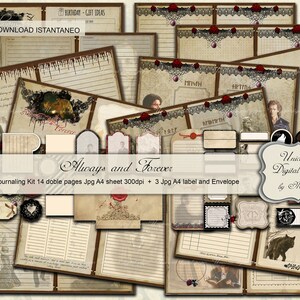 May include: A digital paper pack with a vintage aesthetic featuring a dark brown and red color scheme. The pack includes 14 double pages, a sheet of paper, and 3 labels. The text "Always and Forever" is featured on the pack.