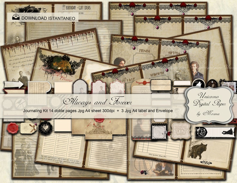 May include: A digital paper pack with a vintage aesthetic featuring a dark brown and red color scheme. The pack includes 14 double pages, a sheet of paper, and 3 labels. The text "Always and Forever" is featured on the pack.
