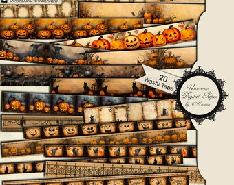 Halloween Pumpkins Printable Washi Tape, Strips and borders, 21 digital borders, journal border decorations