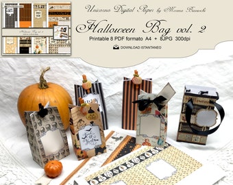 May include: Eight printable Halloween gift bags with different designs. The bags are made of paper and have a variety of Halloween-themed patterns, including skulls, pumpkins, and bats. The bags are decorated with black ribbon and have a small tag attached to each one. The bags are sitting on a white surface with a pumpkin and a small orange pumpkin in the foreground.
