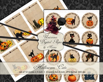 HALLOWEEN CATS, Halloween Scrapbook paper, Halloween Paper Pack, Vintage, cat pumpkin , Halloween Card, Digital collage sheet, digital paper