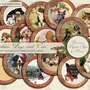 CHRISTMAS DOGS CIRCLES  3 inch. printable, Set of 15 digital collage sheet