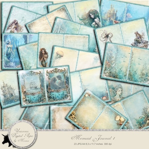 Kleine Meerjungfrau-Tagebuch-Set, Tagebuchseiten 8,3" x 11,7", Ozean-Drucke, Meerjungfrau, Neptun, Poseidon, Fantasy-Meeresboden, druckbares Tagebuch