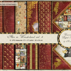 ALICE'S Adventures in Wonderland, Gold and Red, Digital Paper pack 12x12 scrapbook, printable paper, wall art prints