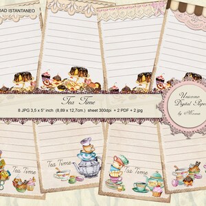Può includere: Otto carte digitali stampabili con un tema da tè. Le carte hanno un'estetica vintage con sfondi rigati e illustrazioni di tazze da tè, torte e pasticcini. Le carte misurano 8,89 cm per 12,7 cm e sono a 300 dpi.