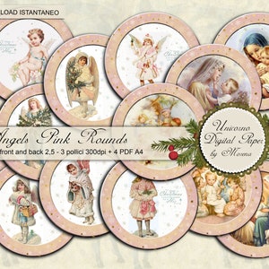 Vintage Christmas Angels, Tag tonde stampabili fronte e retro, decorate su fondo avorio e rosa dorato