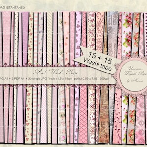 Pink Digital Washi Tapes stampabili per Planner o Journal, 30 diversi disegni tema floreale