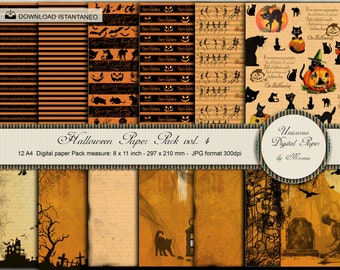 Halloween papier packs A4 8x11, afdrukbare plakboek papier in vintage stijl
