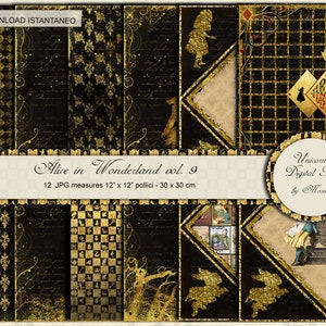 ALICE'S Adventures in Wonderland, Black Gold digital papers, 12x12 scrapbook, printable paper, wall art prints