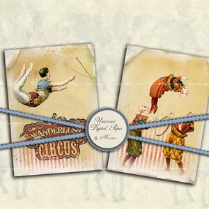 K&ouml;nnte beinhalten: Zwei Vintage-Zirkusplakate mit Illustrationen von Artisten. Das erste Plakat zeigt eine Trapezk&uuml;nstlerin in der Luft, mit dem Text "Wanderlust Circus". Das zweite Plakat zeigt drei Clowns, die einen Trick mit einem Reifen vorf&uuml;hren, vor einem rot-wei&szlig; gestreiften Hintergrund.