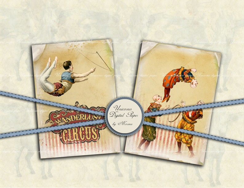 K&ouml;nnte beinhalten: Zwei Vintage-Zirkusplakate mit Illustrationen von Artisten. Das erste Plakat zeigt eine Trapezk&uuml;nstlerin in der Luft, mit dem Text "Wanderlust Circus". Das zweite Plakat zeigt drei Clowns, die einen Trick mit einem Reifen vorf&uuml;hren, vor einem rot-wei&szlig; gestreiften Hintergrund.