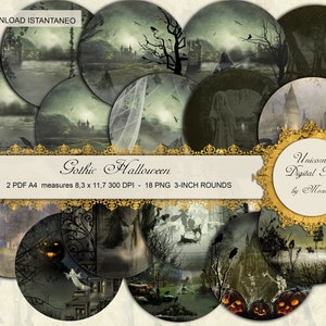 May include: A set of 18 digital paper circles featuring a gothic Halloween theme. The circles feature images of spooky castles, haunted forests, and other Halloween imagery. The circles are 7.6 cm in diameter and are perfect for creating invitations, cards, and other crafts.