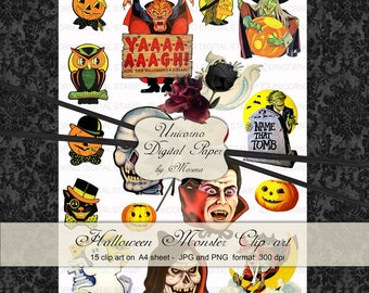 Halloween, Clip Art, Vintage, Monster, Digital Paper, Halloween Paper Sheet, Scrapbook, Tag, Halloween Paper Pack, Printable Download