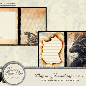 May include: A set of 21 digital journal pages featuring dragons. The pages are designed to look like old, worn paper with a burnt edge. The pages are 8.3 inches by 11.7 inches and are 300 dpi.