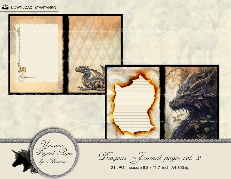 May include: A set of 21 digital journal pages featuring dragons. The pages are designed to look like old, worn paper with a burnt edge. The pages are 8.3 inches by 11.7 inches and are 300 dpi.