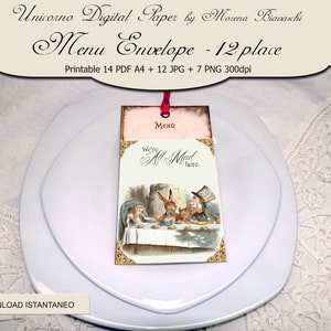 Set da 12 Alice in Wonderland Printable Menu and envelope Template,  INSTANT DOWNLOAD