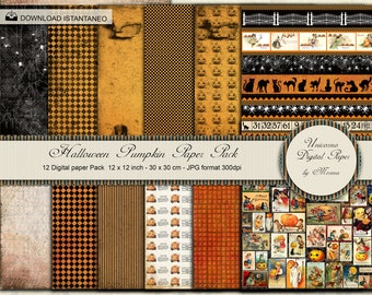 Könnte beinhalten: Ein digitales Papierpaket mit 12 Halloween-Designs. Die Designs zeigen Kürbisse, Katzen, Spinnen und andere Halloween-Bilder. Das Papierpaket ist 12 x 12 Zoll und 30 x 30 cm groß.