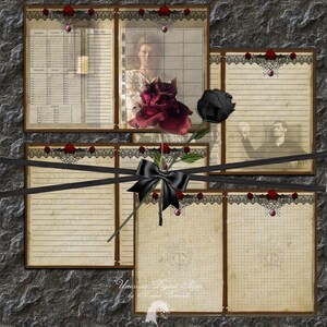 May include: A set of printable digital papers featuring a vintage aesthetic with a black and red rose, lace trim, and a grid pattern. The papers are perfect for scrapbooking, journaling, and other crafting projects.