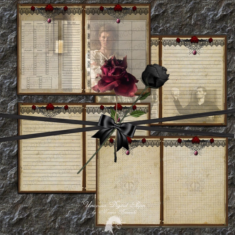 May include: A set of printable digital papers featuring a vintage aesthetic with a black and red rose, lace trim, and a grid pattern. The papers are perfect for scrapbooking, journaling, and other crafting projects.