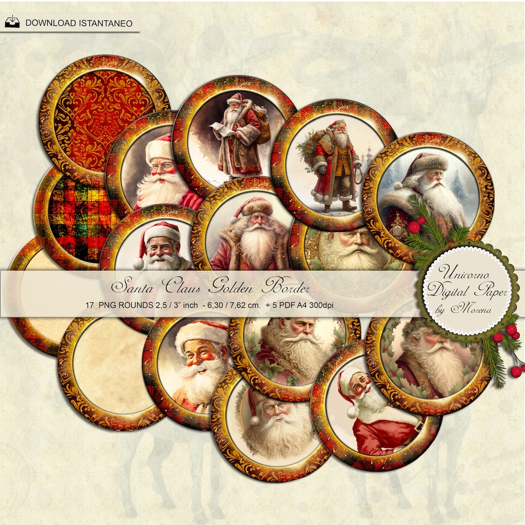 Santa Retro Rounds Christmas Circles 2,5 / 3 Inch, Santa Claus 50'S, Victorian Santa Claus ...