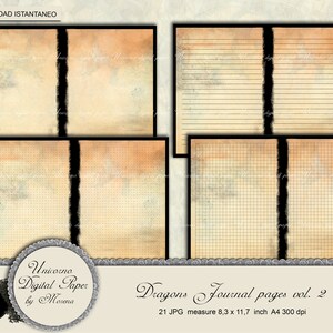 May include: A set of 21 digital paper journal pages in a vintage style with a distressed, aged look. The pages are in a variety of styles, including blank, lined, and gridded. The pages are designed to be used for journaling, scrapbooking, or other creative projects. The pages are 8.3 x 11.7 inches and are 300 dpi.