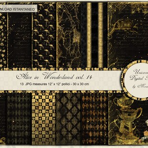ALICE'S Adventures in Wonderland, Black Gold digital papers, 12x12 scrapbook, printable paper, wall art prints