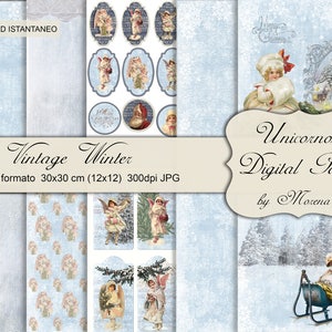 VINTAGE WINTER, Digitaal papier, Vintage Kerstmis, Sneeuw, Victoriaans, Engel, Victoriaanse kinderen, Slee, Sneeuw, Kerstmis, Plakboek, Cartonnage