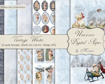 VINTAGE WINTER, CHRISTMAS, Scrabooking, Victorian Angel, Winter wonderland, Snow Time, Victorian Children, Snow Flake, Tag, Label, Wallpaper