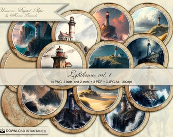 Lighthouse, Tag and Circles 3 and 2 inches, round collage sheets, Journal sticker