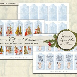 CHRISTMAS Elf and Snowman, 3 fogli A4 con 20 Tag  digitali stampabili, versione JPG e PDF